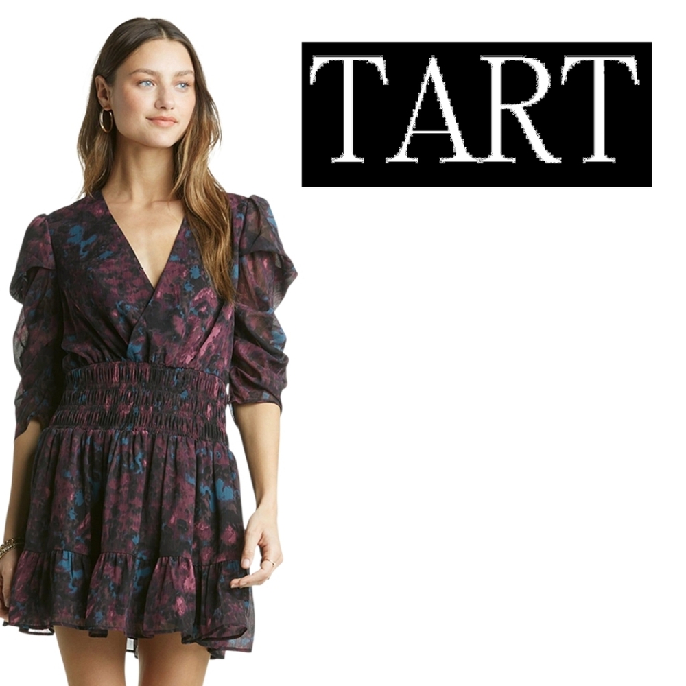 Tart Leighton Georgette Dress Midnight Shadows Surplice Bodice Shirred Waist SM